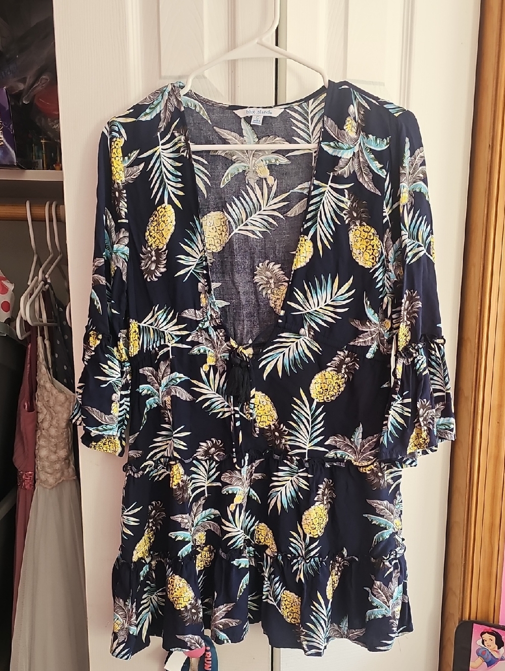 blue island Navy Tropical Pineapple Tie-Front Tiered Dress